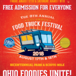 The 8th Annual Food Truck Festival - a blue food truck on a dark orange background with the text "Ohio Foodies Unite" underneath.